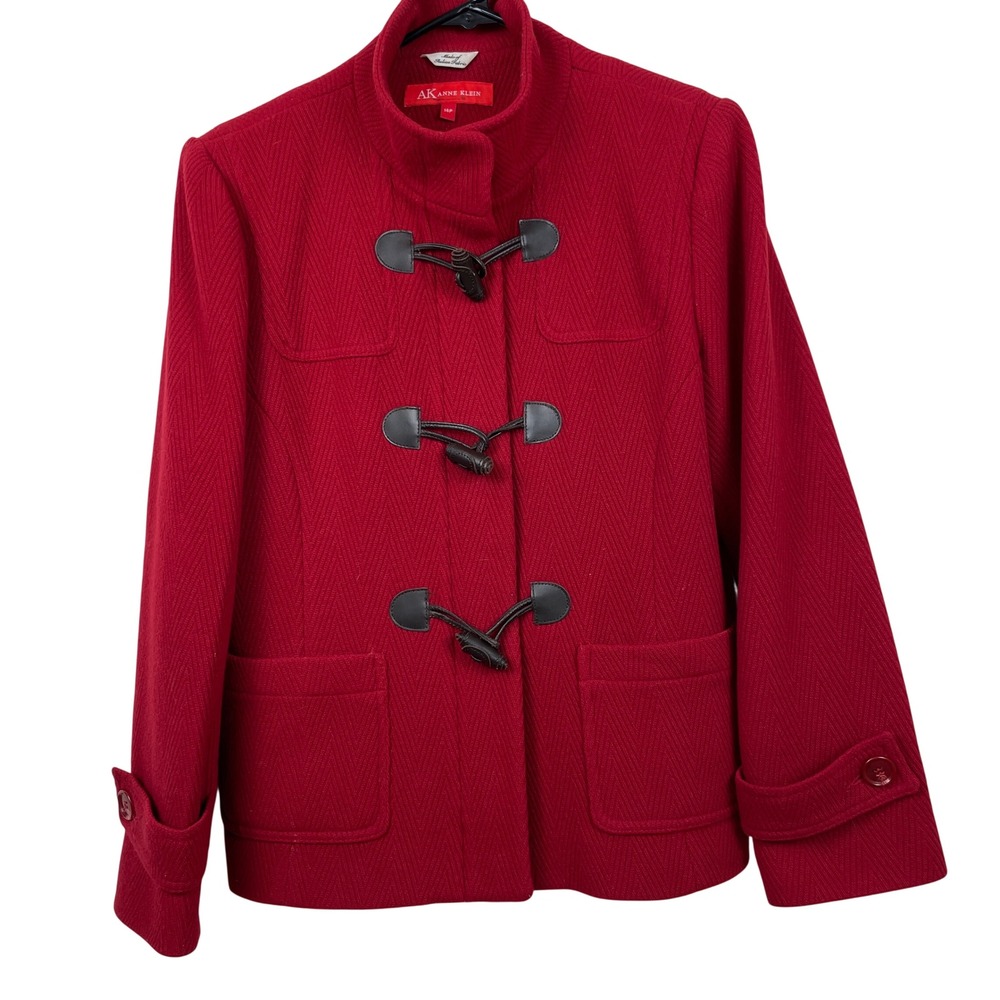 Anne Klein Red Wool Blend Herringbone Toggle Coat Jacket Womens 14P Petite *Read